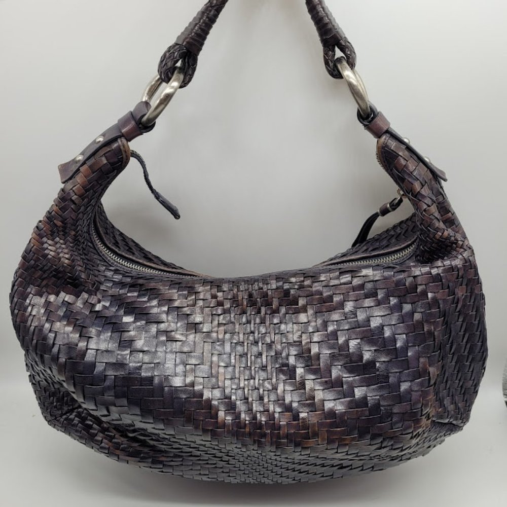 SOLD: Cole Haan Genevieve Leather Weave Satchel Tote Hobo Purse Blue Bag Luxury - Picture 1 of 16